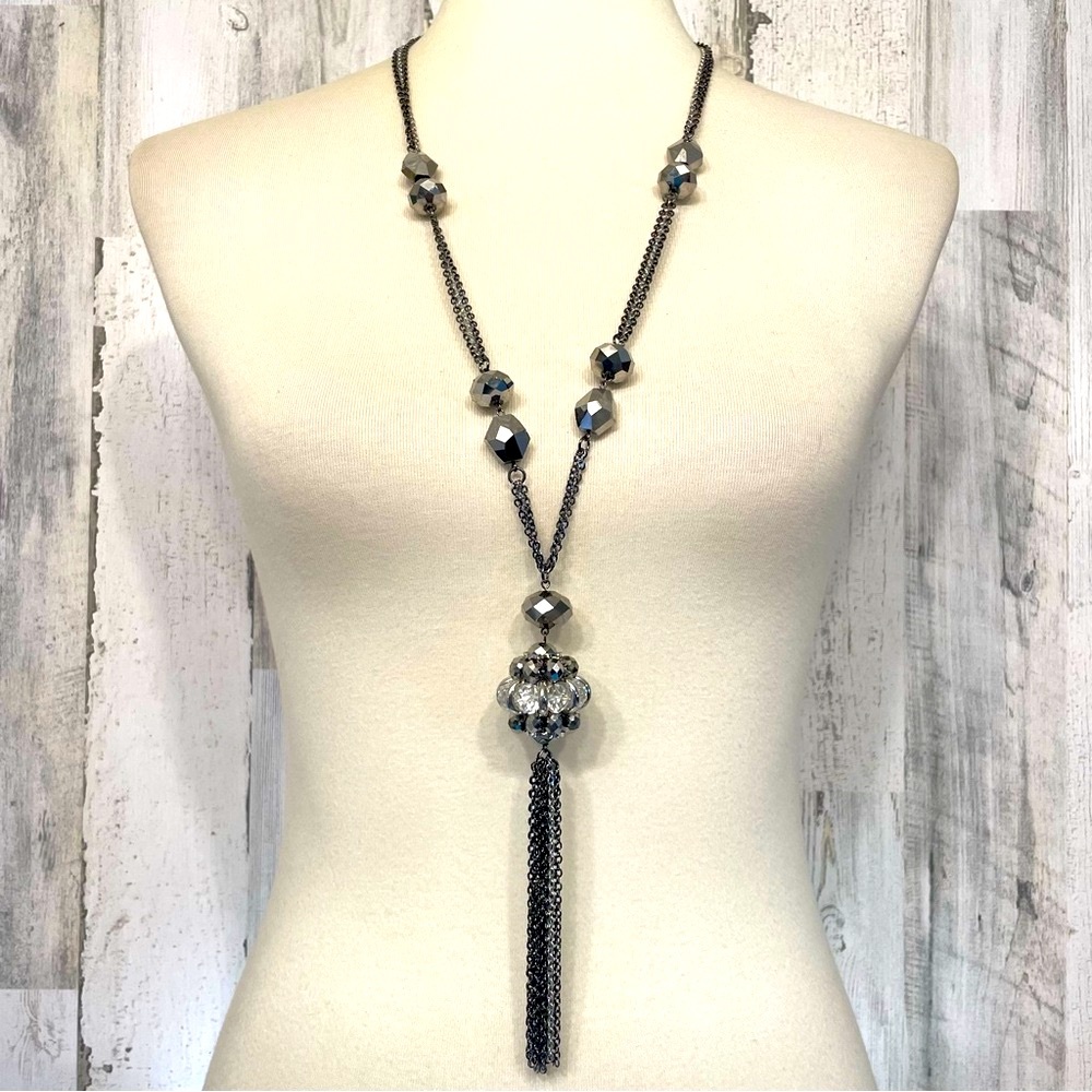 Chico’s Silver Black Tone Multi Strand Chain AB Gray Beaded Boho Tassel Necklace